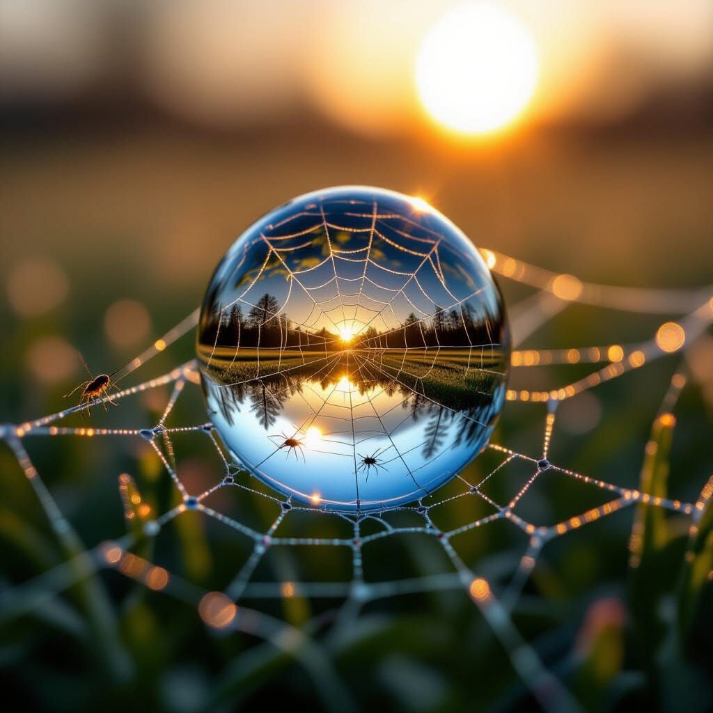 Dewdrop Reflecting Miniature Landscape in Macro View