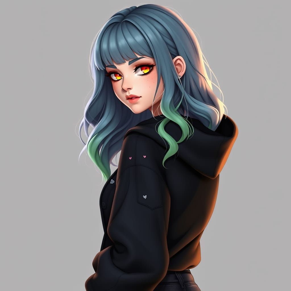 Curvy Anime-Inspired Goddess with Orange Eyes and Green Hair