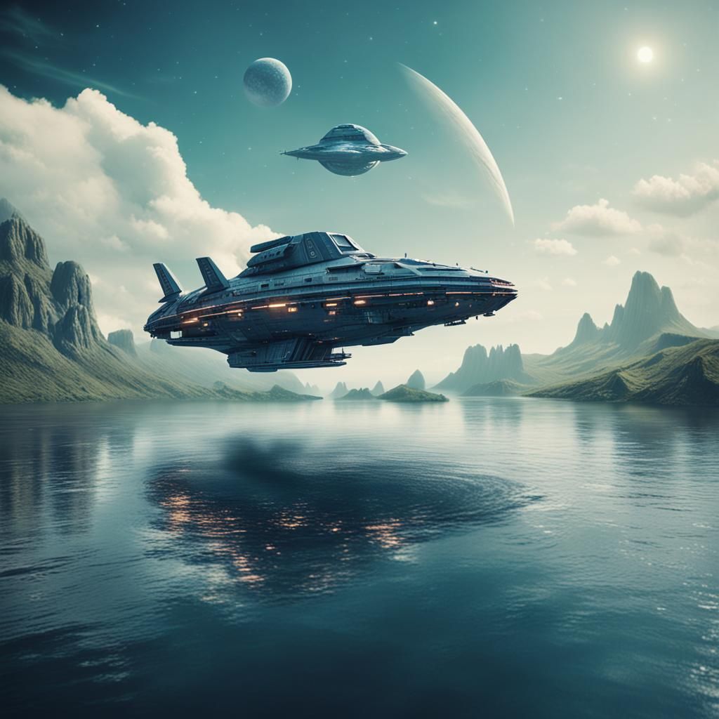 Dramatic Spaceship Soars Near Water Planet