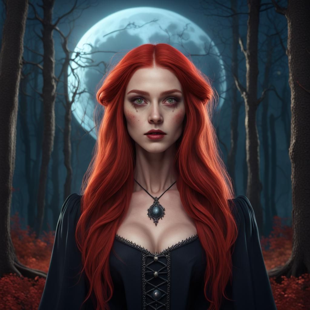 Red-Haired Witch in Autumn Woods Under Full Moon