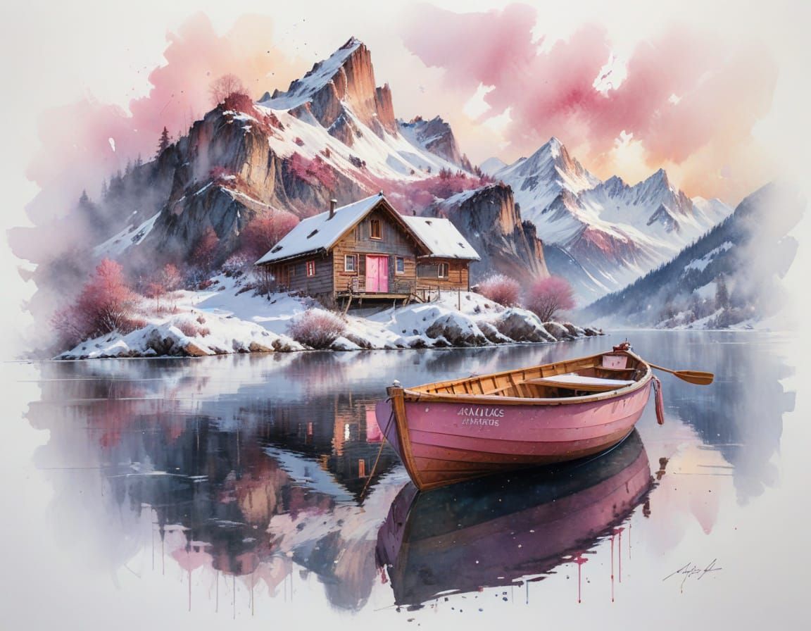 Winter Alpine Lake Sunrise with Rowboat and Chalets