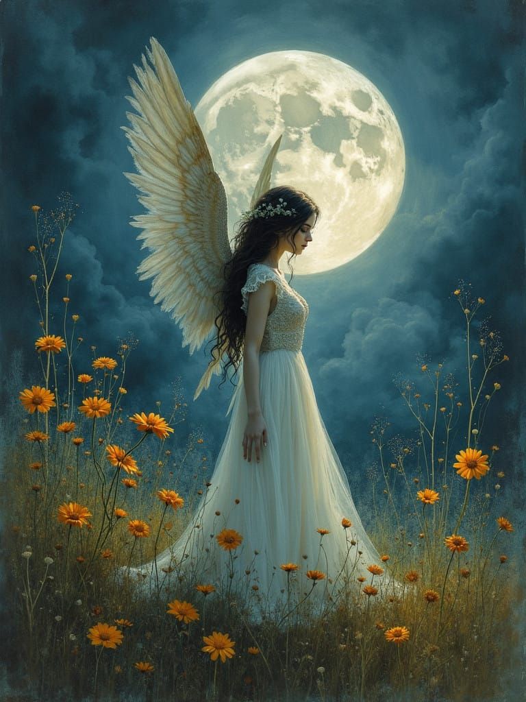 Ethereal Angel Amidst Vibrant Blooms in Soft Watercolor Illu...