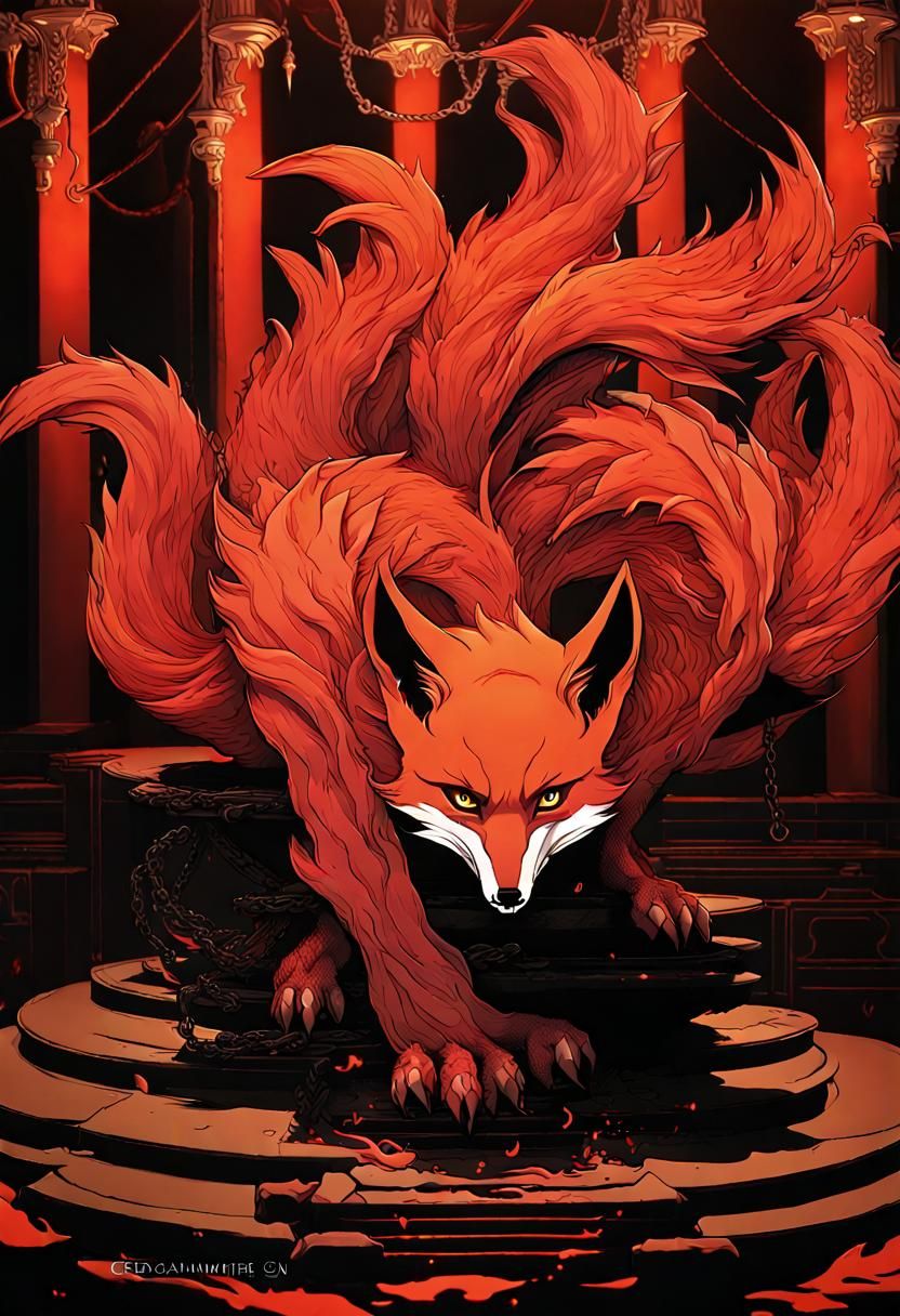 Nine-Tailed Fire Fox Demon in Dark Fantasy Style