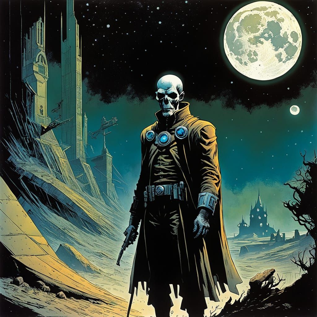 Macabre Moonlit Mystery in Retro Sci-Fi Comic Style