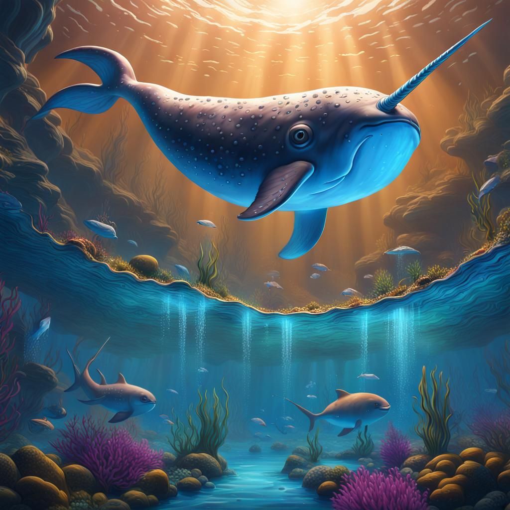 Underwater Narwhal: Detailed Matte Painting in Deep Color