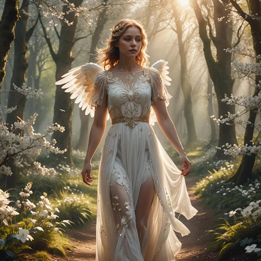 Ethereal Angel in Blossom Tree Forest