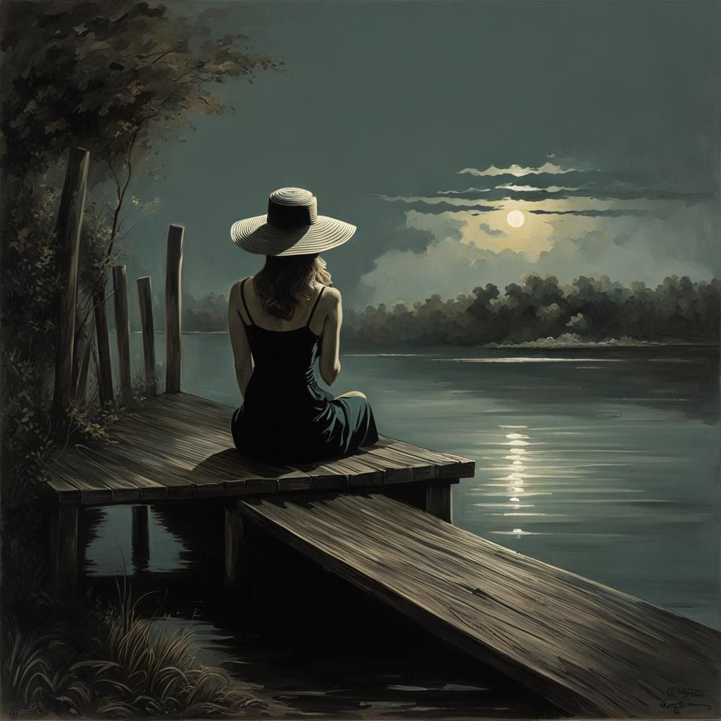 Eerie Waterside Scene in Horror Illustration Style