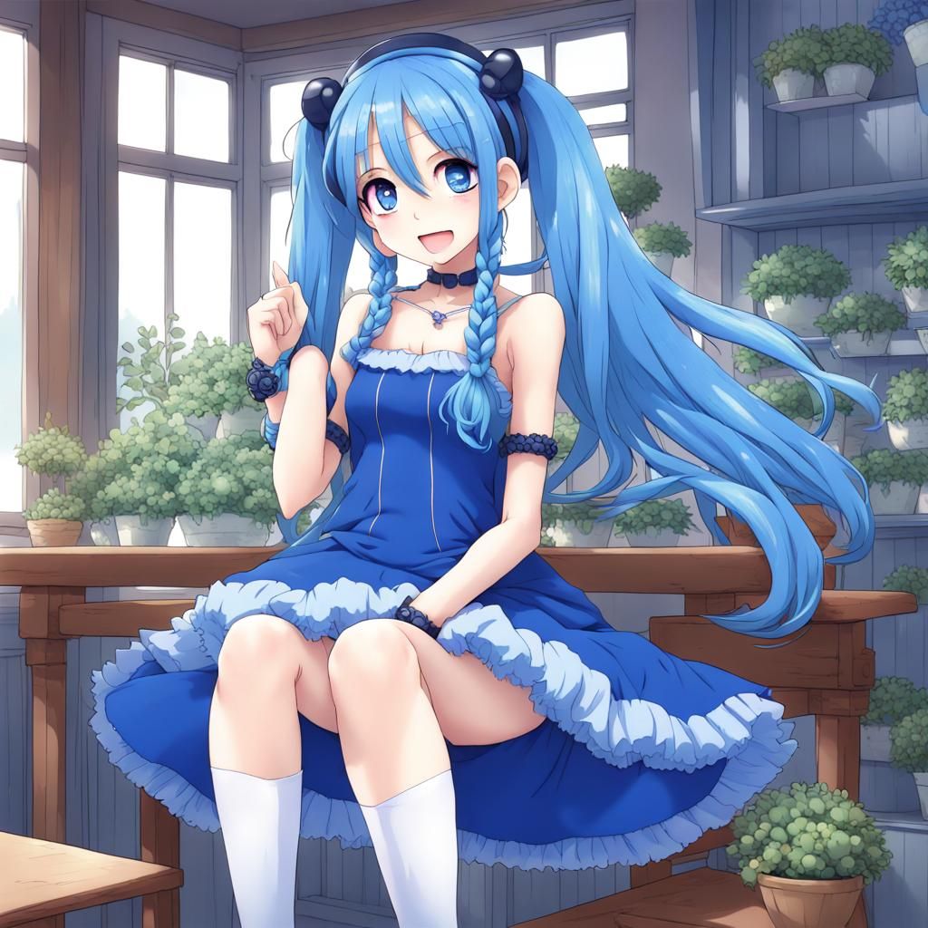 Anime Girl with Blue Pigtails and Blueberry Dress
