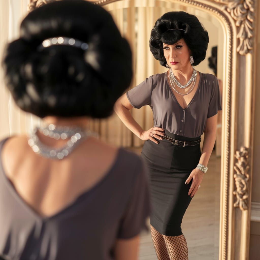Mature Crossdresser's Dreamy Reflection in Antique Mirror