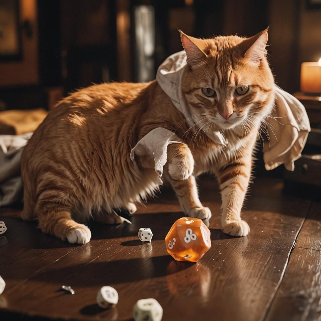 Orange Cat Plays Dice: Cinematic Film Still