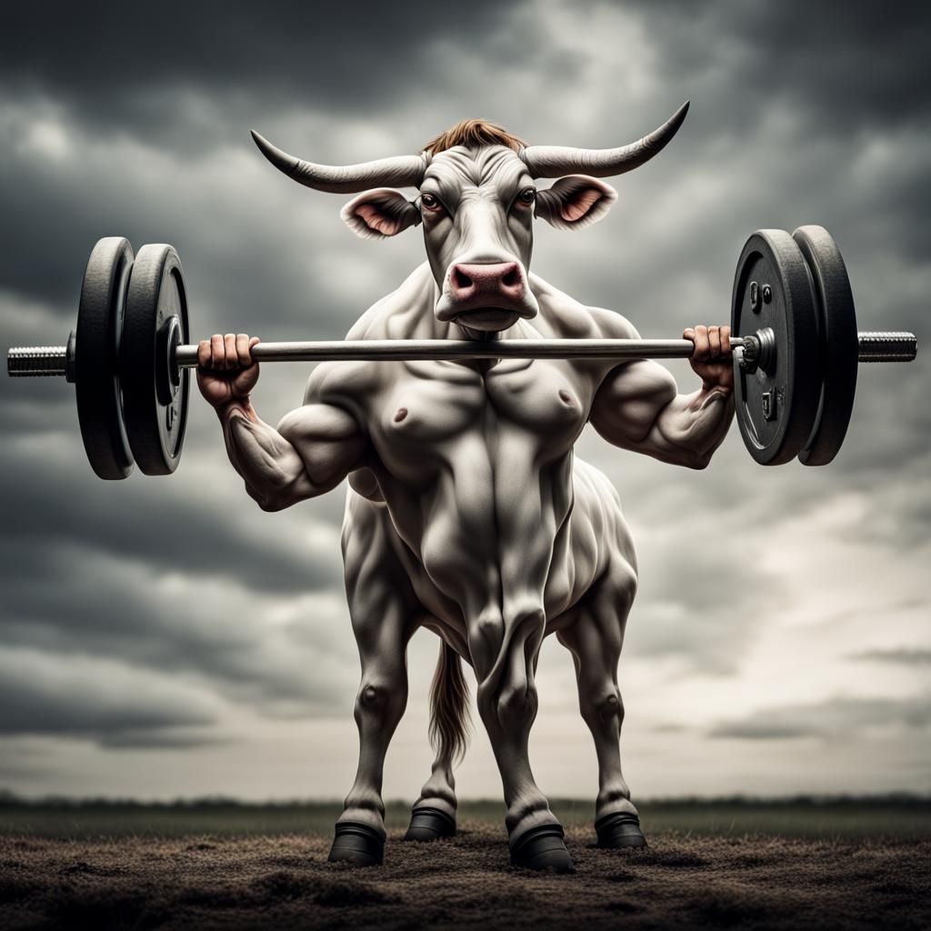 Eight-Armed Cow Lifting Weights: Hyperrealistic Image