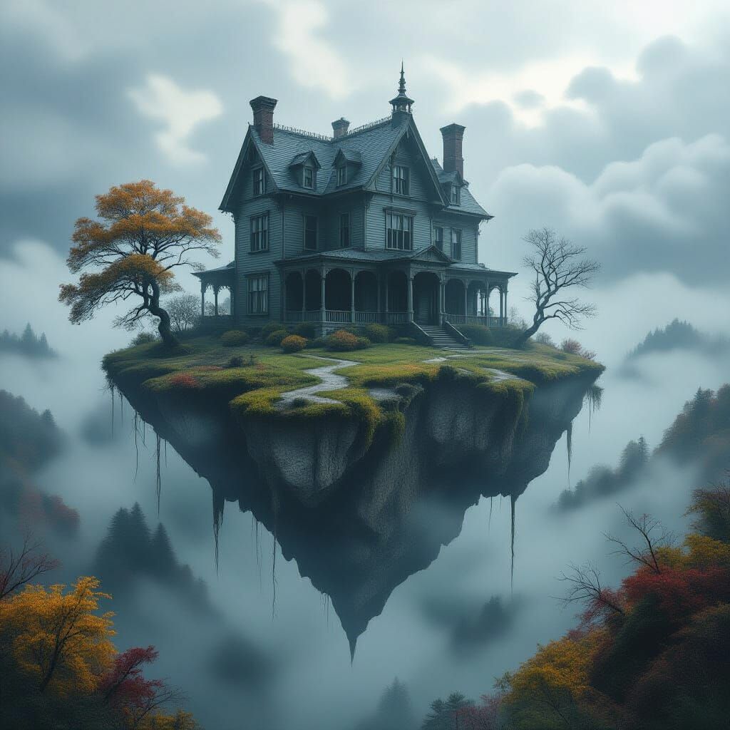 Gothic Victorian Mansion on Floating Island in Autumn Fog