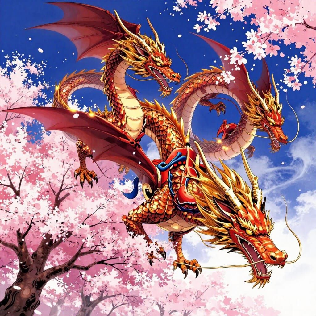 Majestic Japanese Dragons Over Cherry Blossoms in Anime Styl...