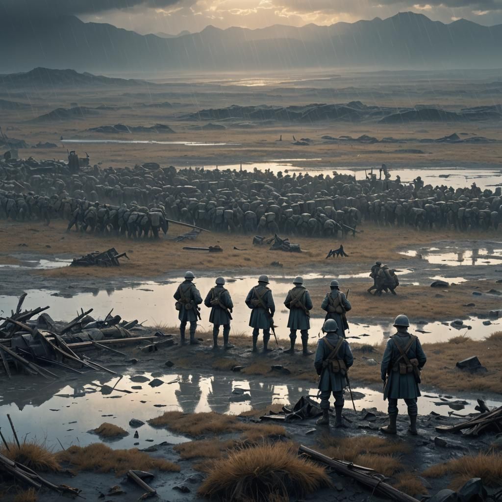 Exhausted Soldiers in Desolate Battlefield: Matte Painting