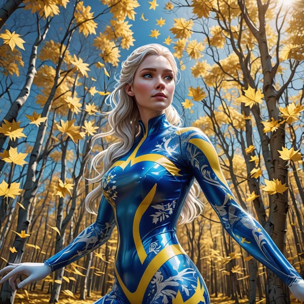 Girl in Swedish Flag Catsuit on Summer Day