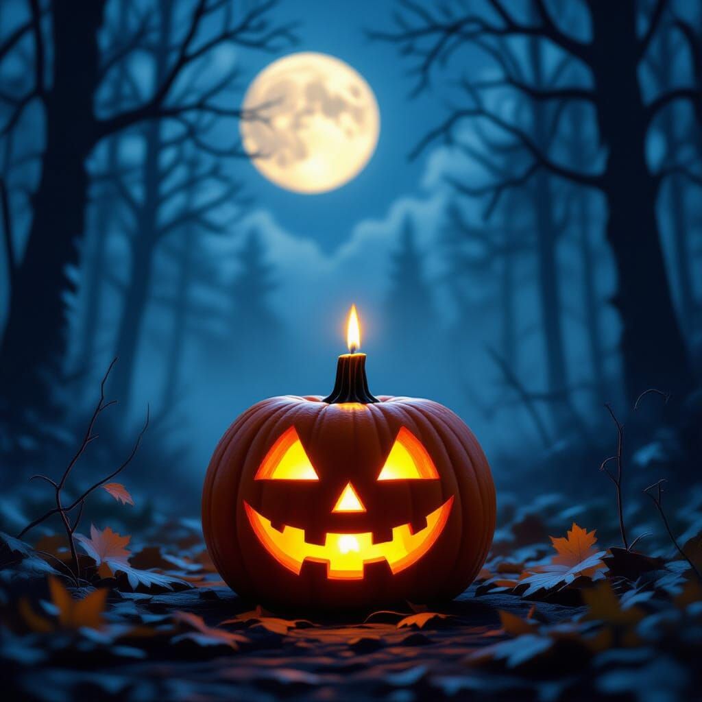 Glowing Halloween Pumpkin in Moonlit Spooky Forest