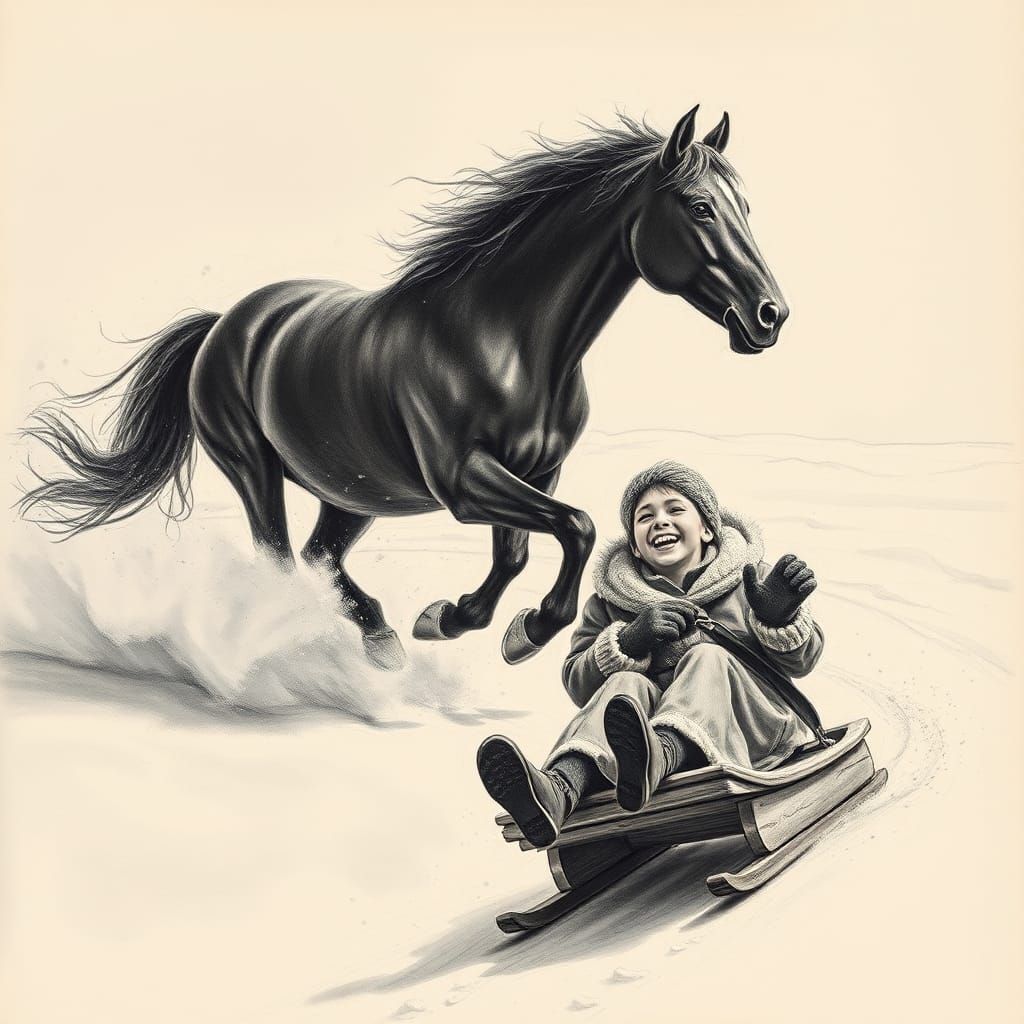 Winter Gallop: A Serene Snowscape in Charcoal Hues