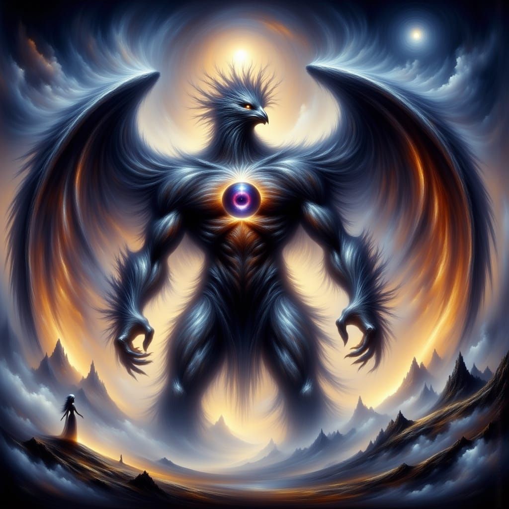 Cyclops Chicken Hybrid in Dreamlike Fantasy Landscape