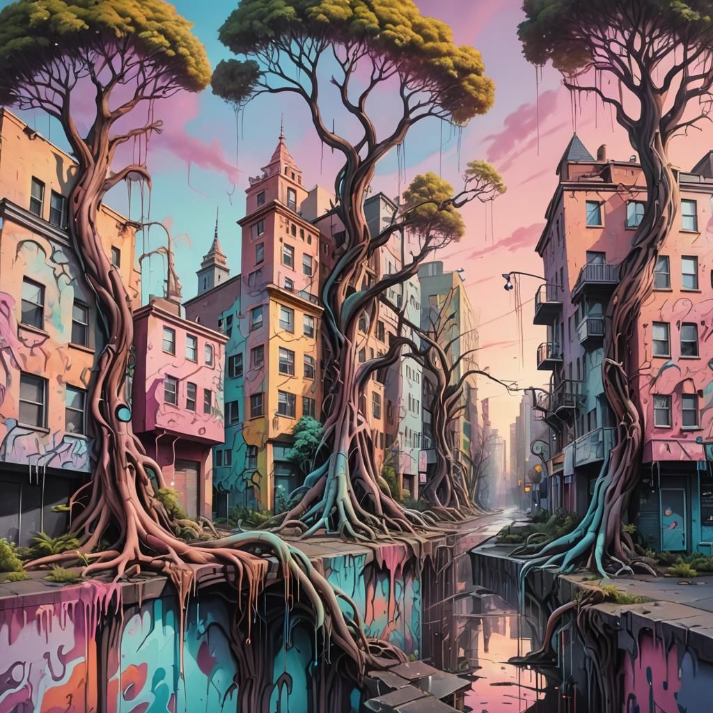 Surreal Melting Cityscape Graffiti Art