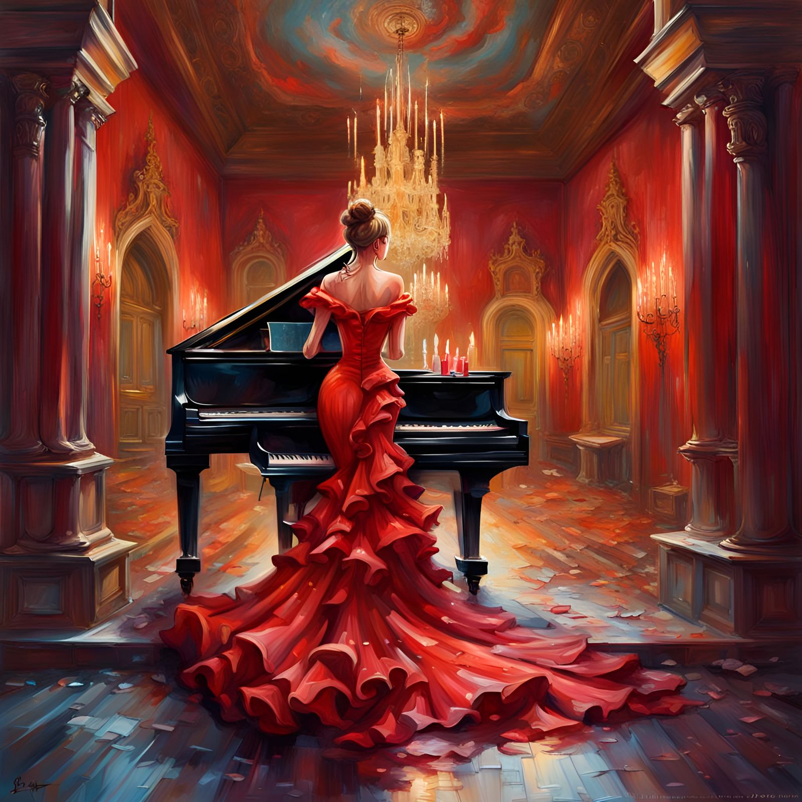Woman in Red Dress Playing Piano, Graffiti Art