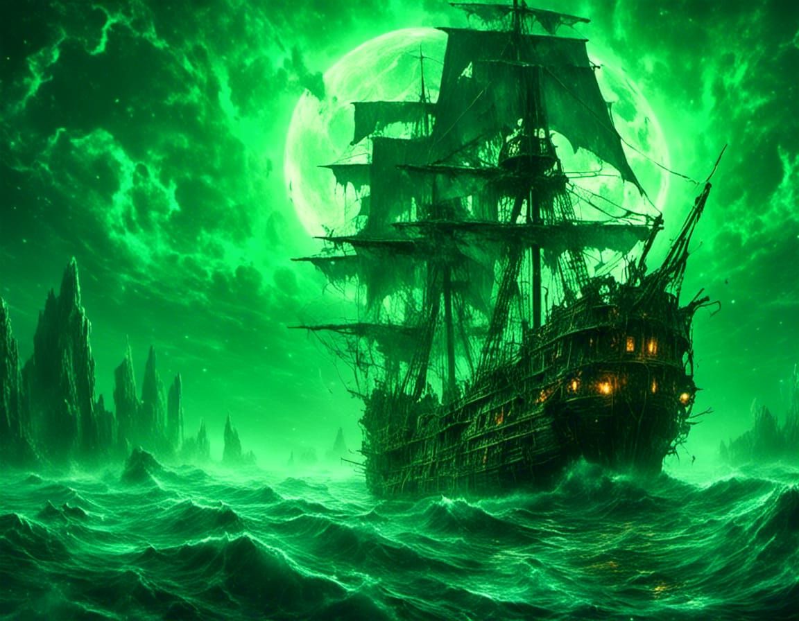 Eerie Ghost Pirate Ship Sailing Cosmic Seas