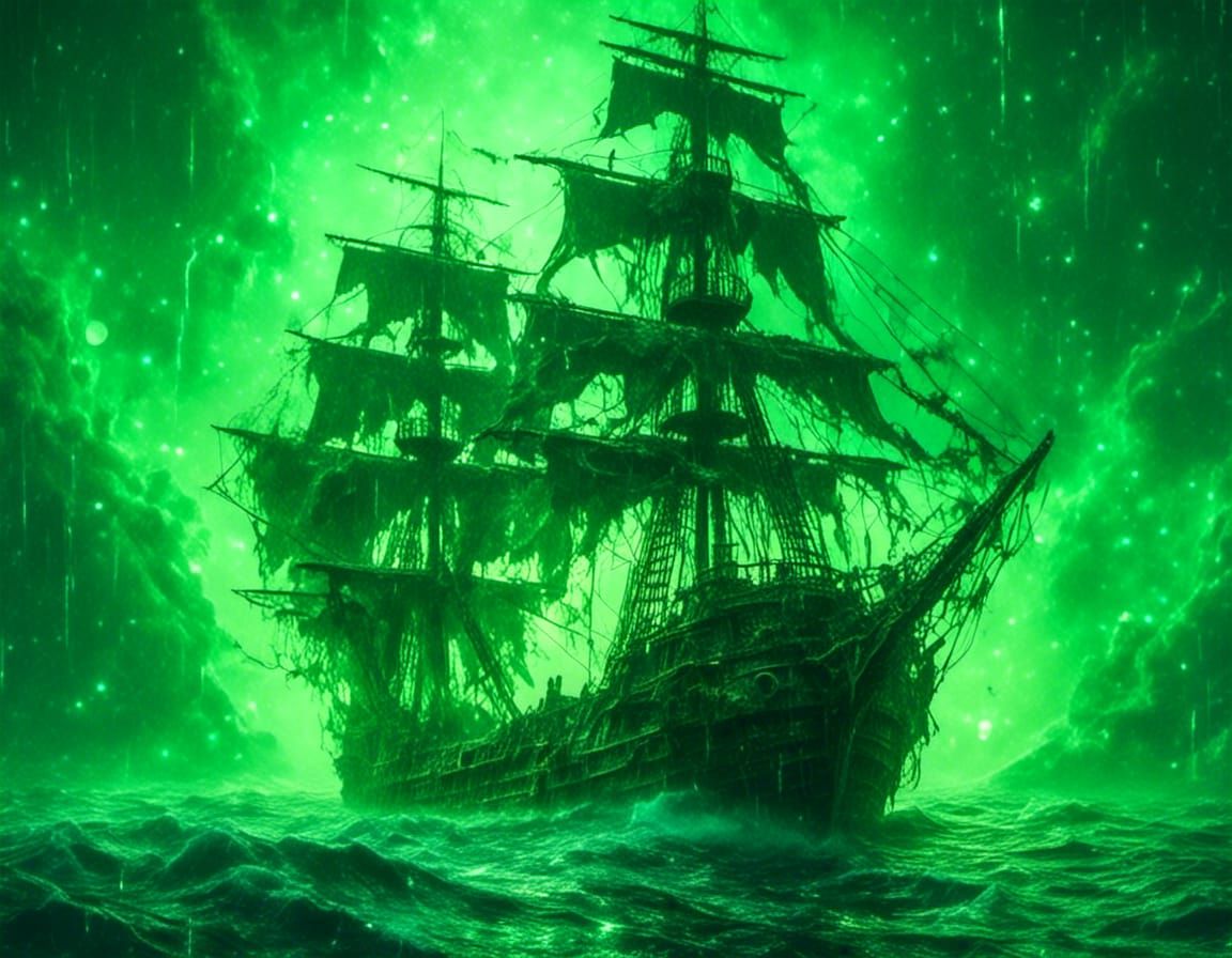 Eerie Ghost Pirate Ship Sailing Cosmic Seas