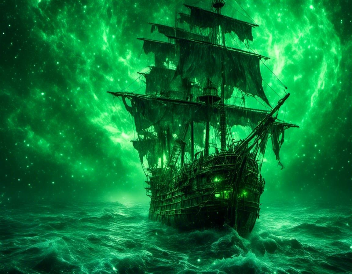 Eerie Ghost Pirate Ship on Cosmic Seas