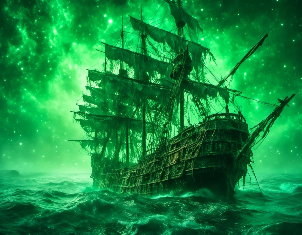 Surreal Pirate Ghost Ship Sails Cosmic Seas Under Eerie Gree...
