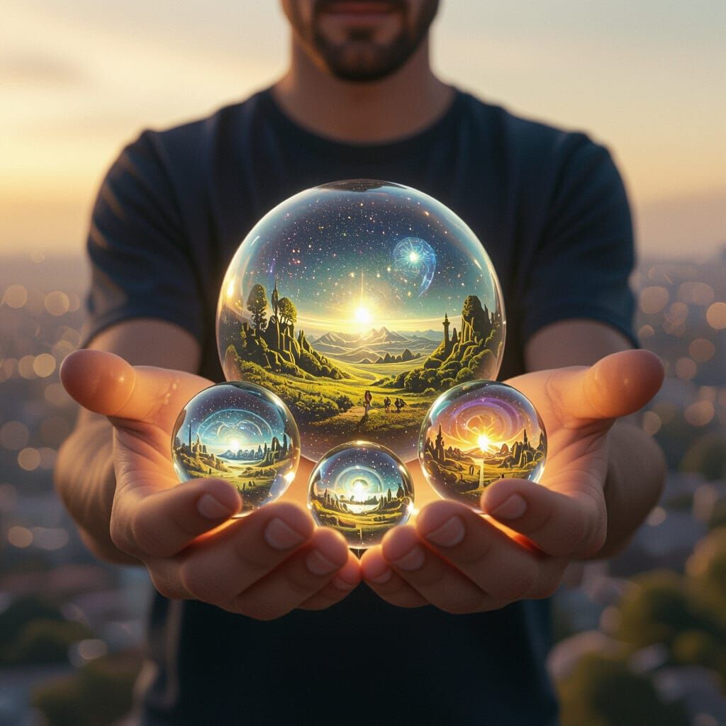 Glowing Marbles Containing Miniature Worlds: Surreal Art