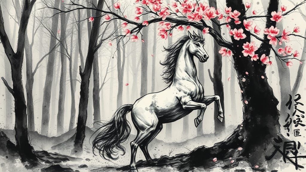 Centaur Plucking Cherry Blossoms: Ink Splatter Art