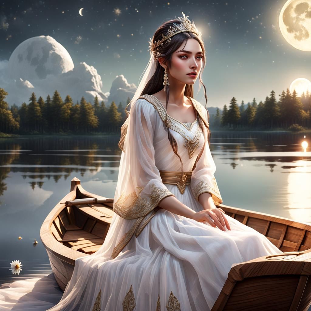 Girl in Boat Contemplates Moonlit Lake