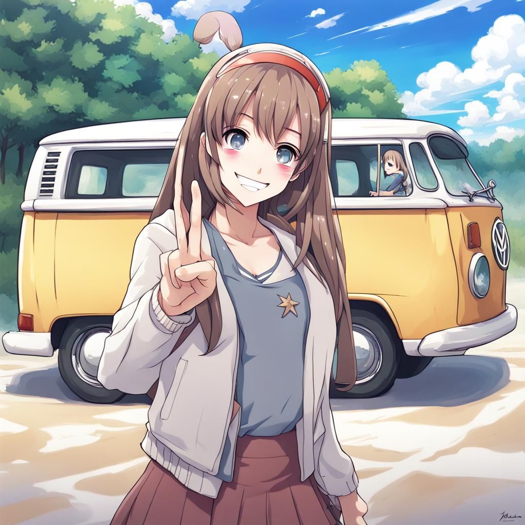 Anime Girl Peace Sign in Front of Minibus