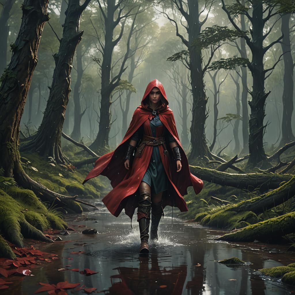 Lady in Red Cloak in Rainy Forest