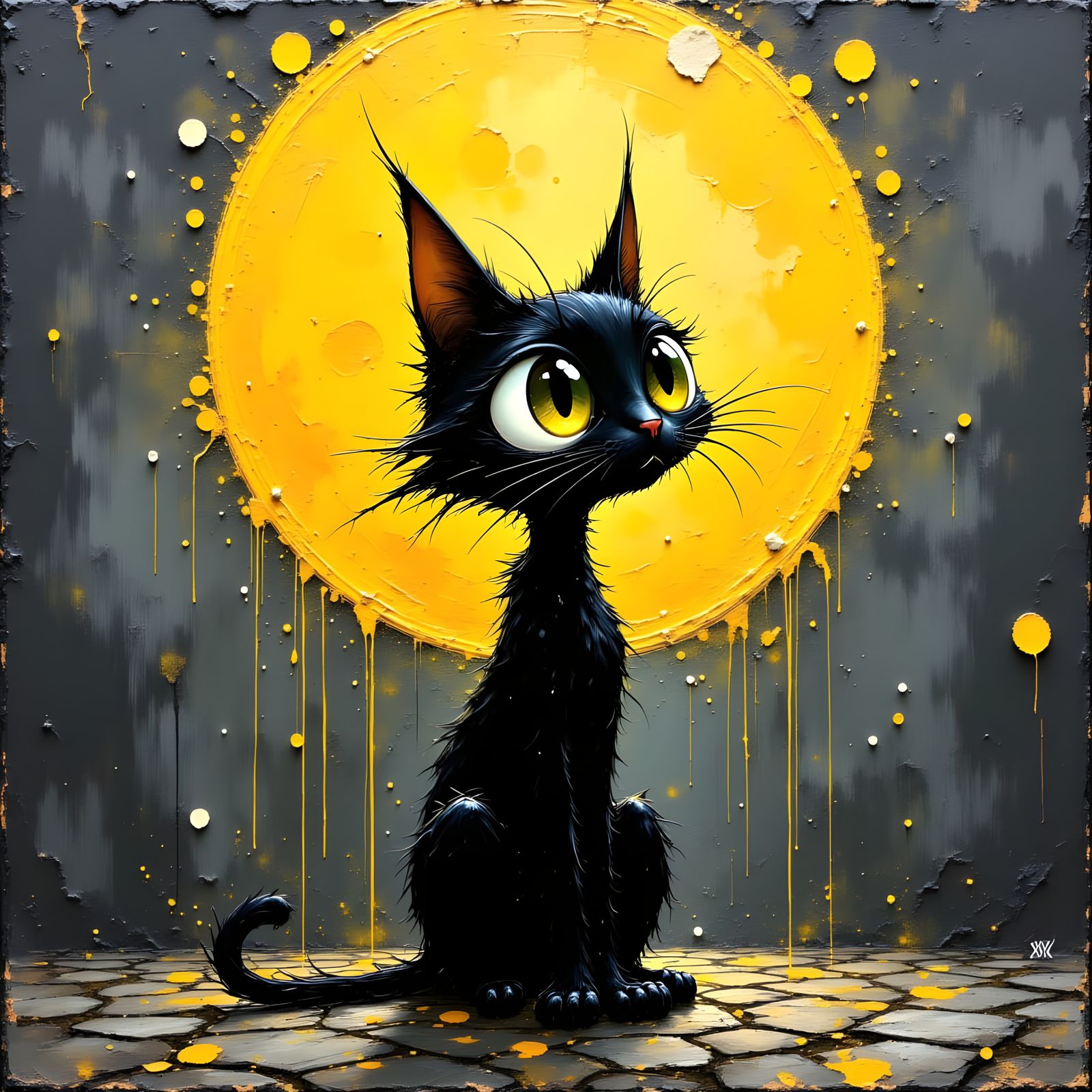 Cartoon Black Cat with Moon Halo, Impasto Painting