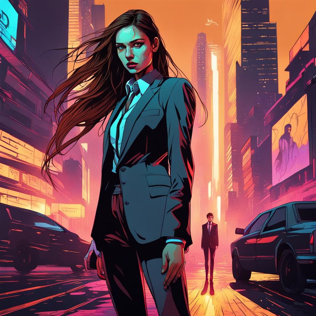 Cyberpunk Woman in Cityscape with Neon Lights