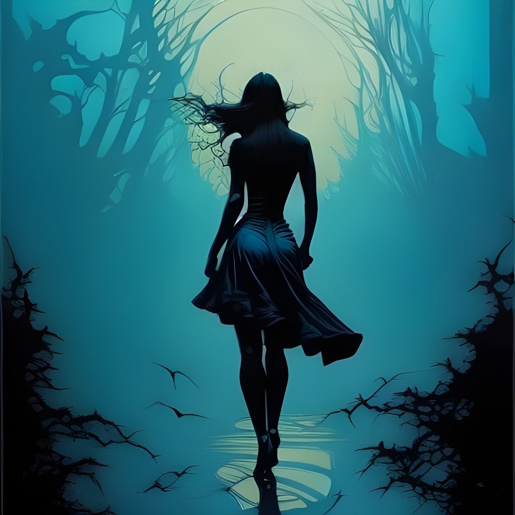 Elegant Lady on Pathway with Chrome Ink Flow