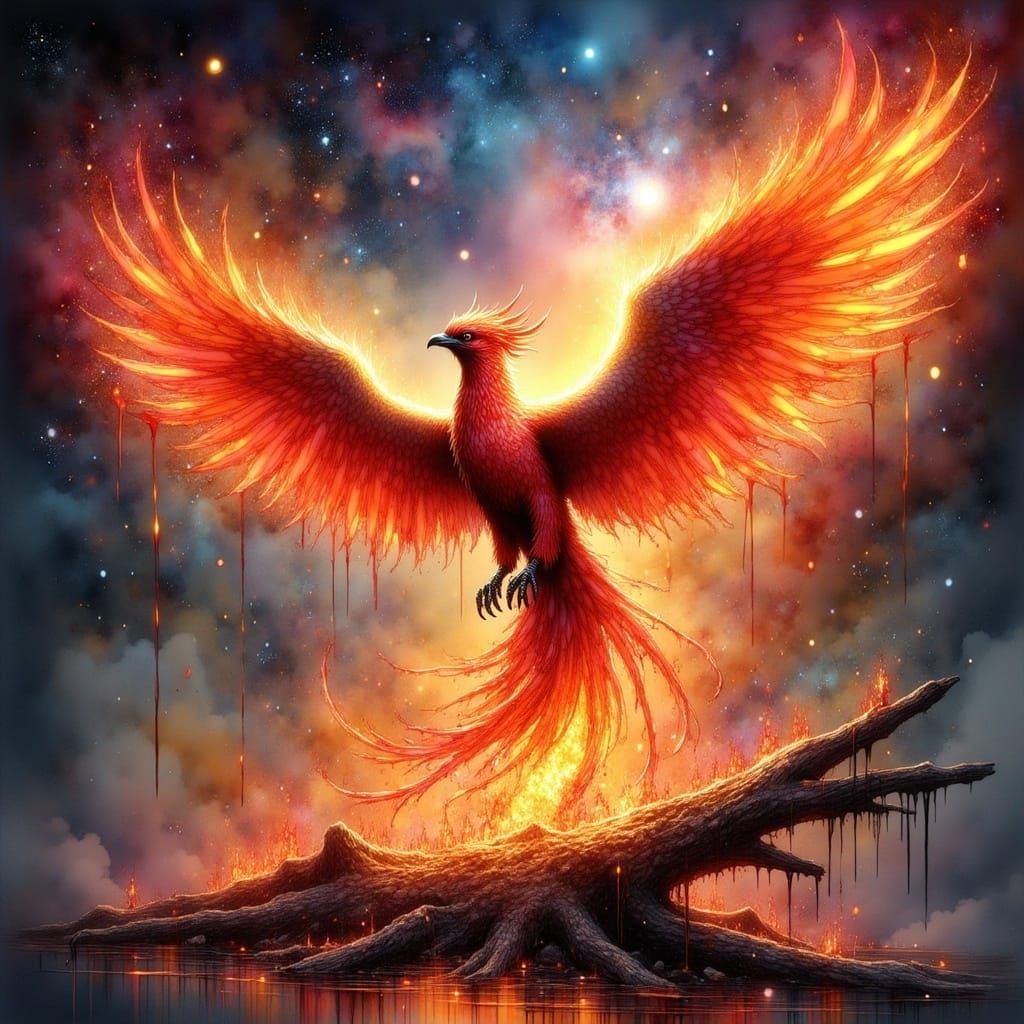 Majestic Phoenix Rises from Embers in Cosmic Nebula
