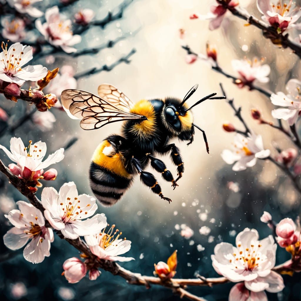 Vibrant Bumble Bee Dances Amidst Cherry Blossoms in an East ...