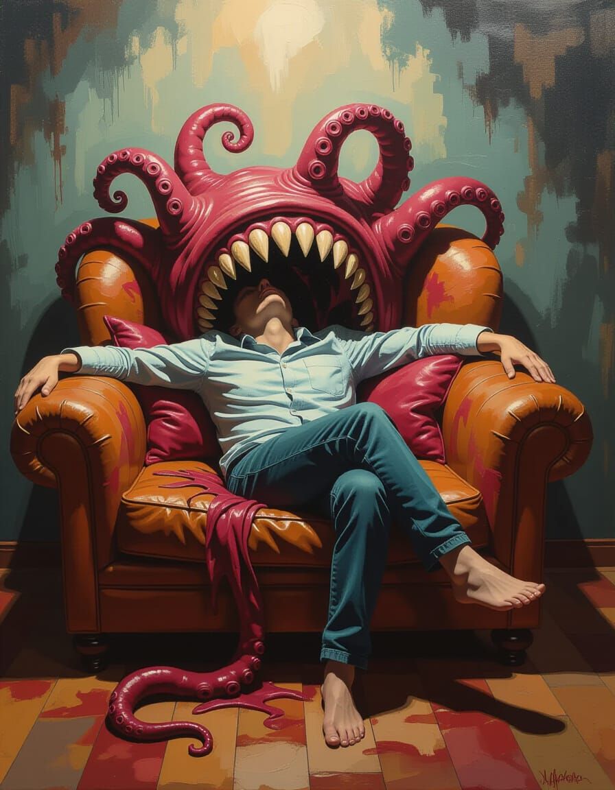 Surreal Sofa Swallows Person in Dreamlike Impasto Painting