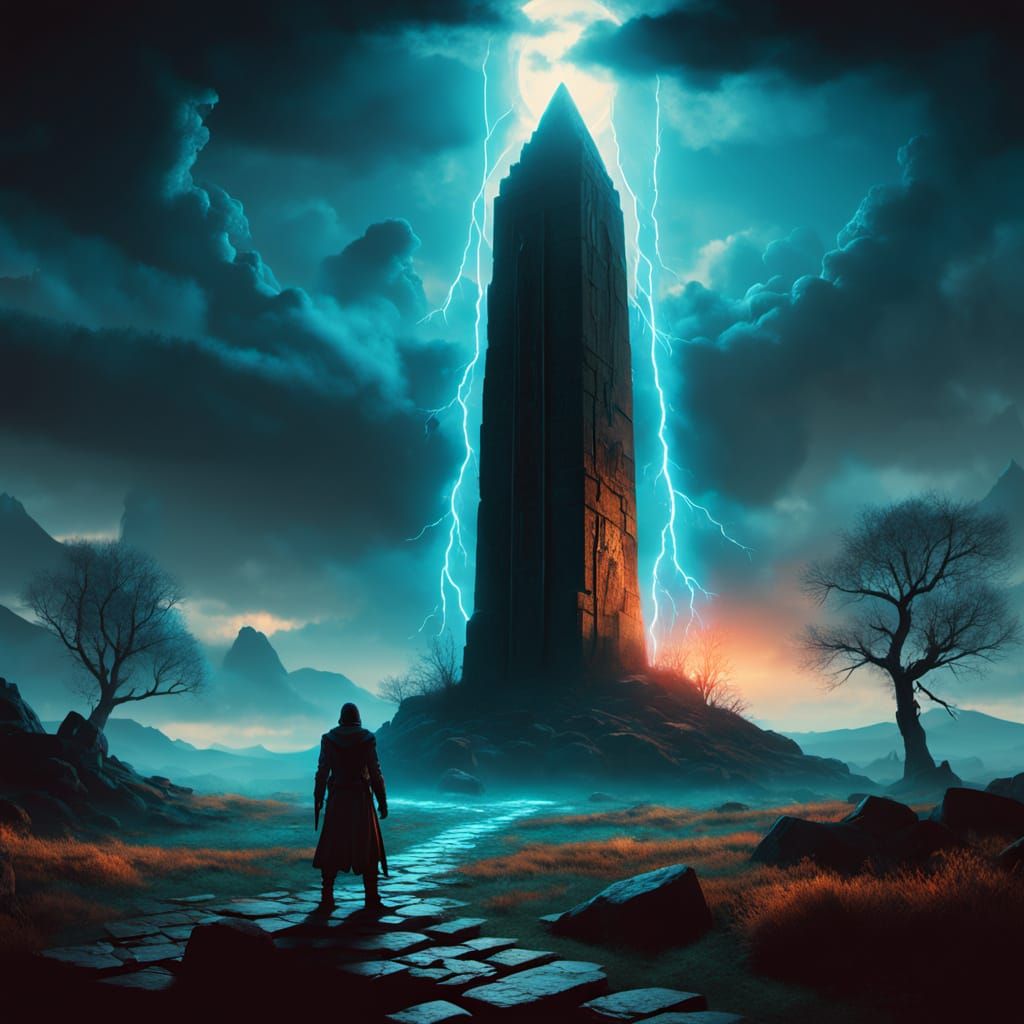 Ancient Magical Obelisk in a Stormy Landscape