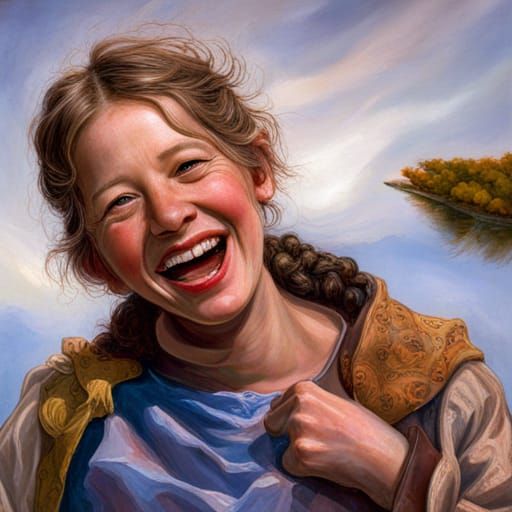 Laughing Country Girl Portrait in Vibrant Mixed Media