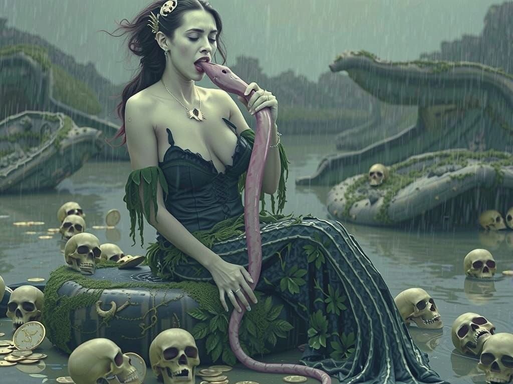 Sinister Mermaid Sucking Eel in Cinematic Still