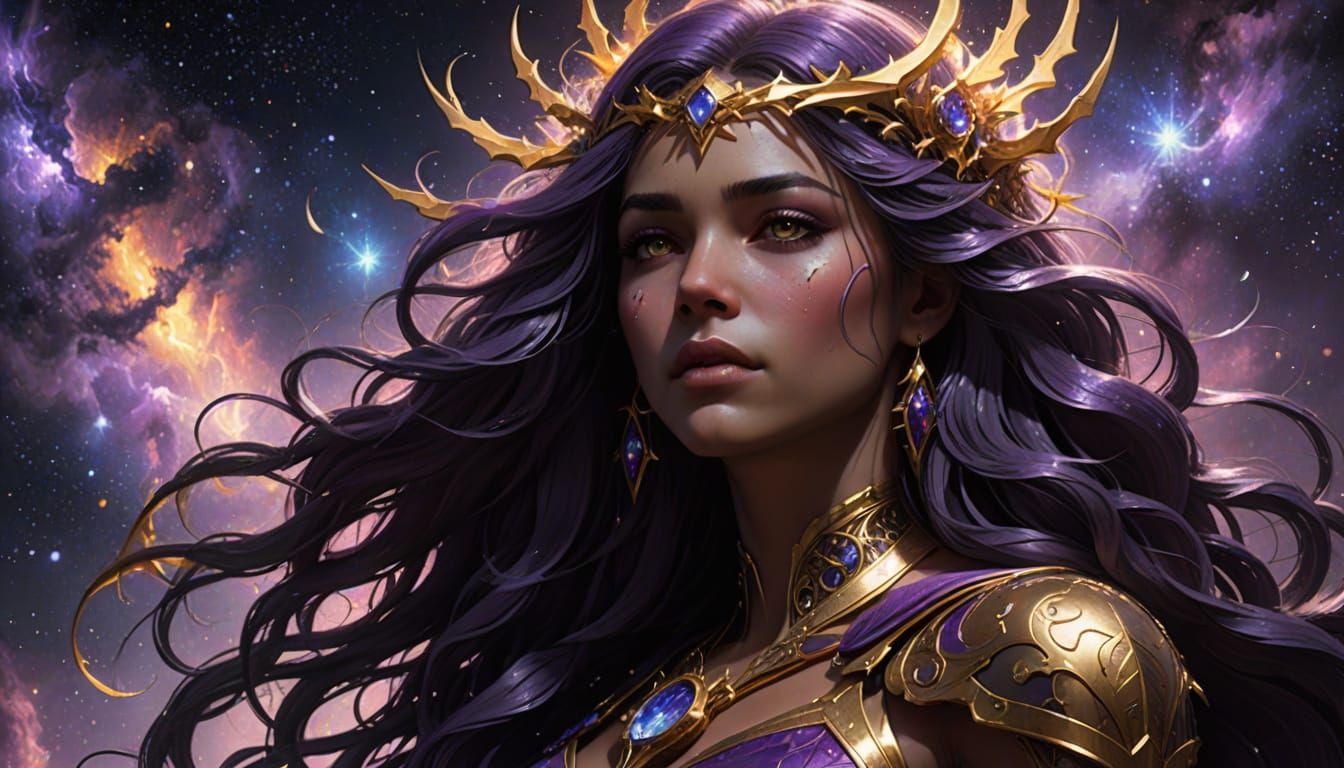 Celestial Goddess Weeping Light in Nebula: Dark Fantasy Art