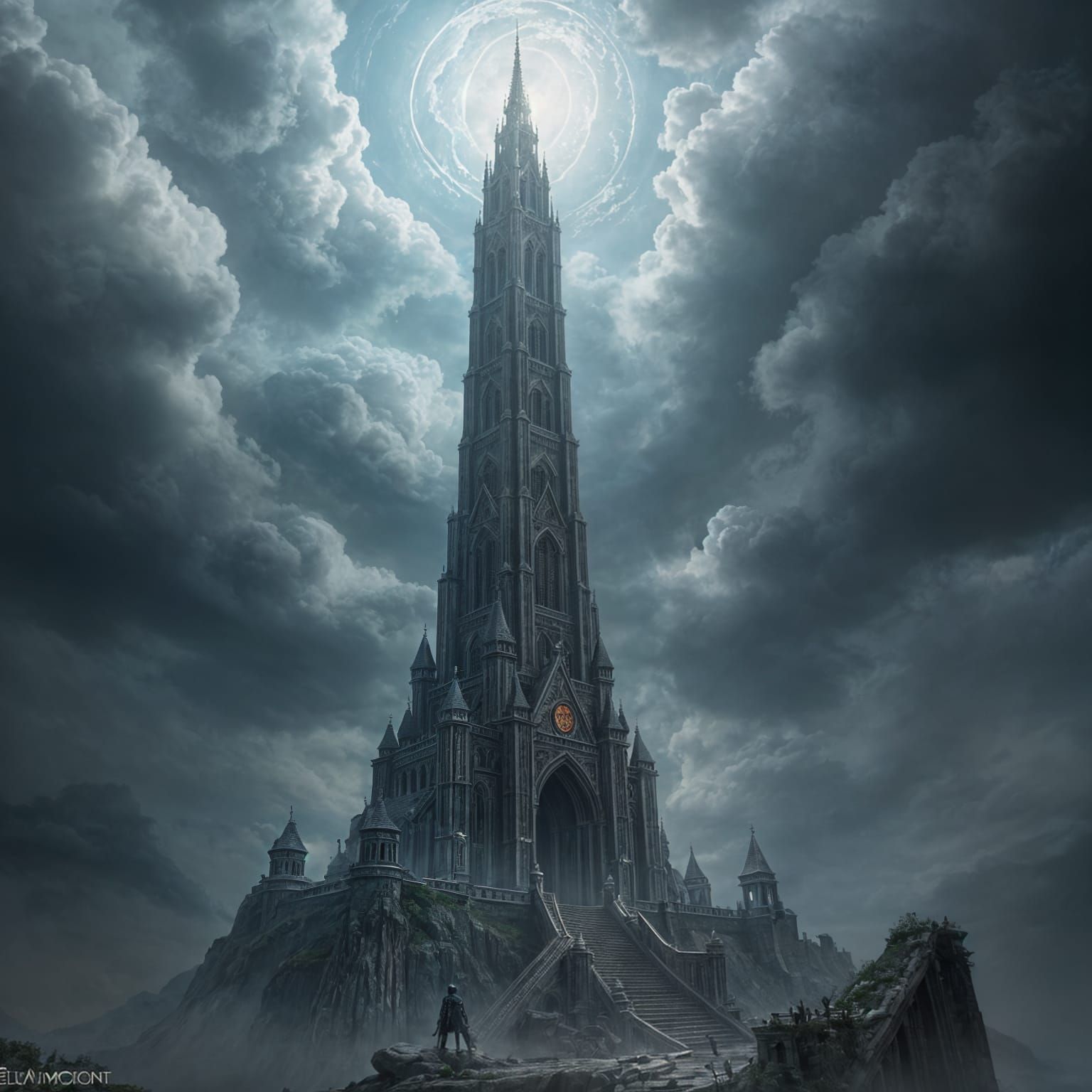 Mystical Tower Reaching Skyward, Guarded by Spirits