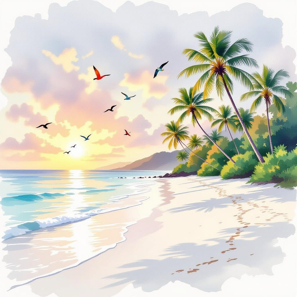 Serene Island Paradise at Dawn in Watercolor Style
