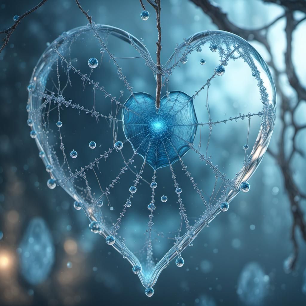 Heart-Shaped Glass Spiderweb with Crystalline Dew Drops