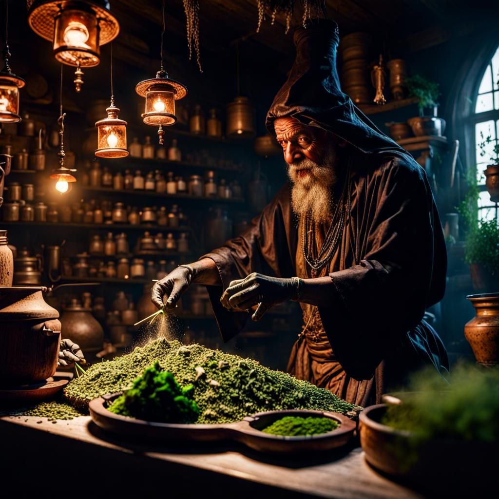 Gothic Alchemist Grinding Herbs in Magical Shop
