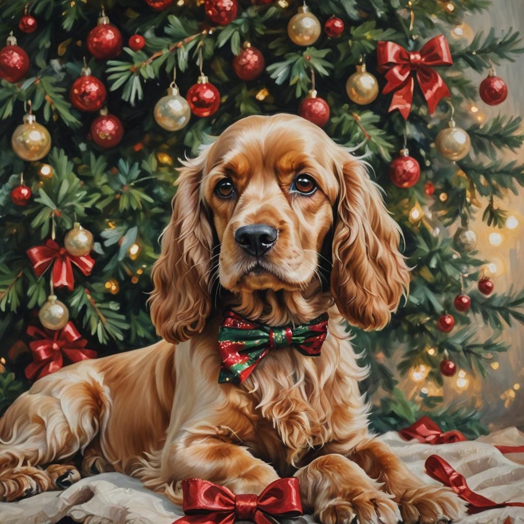 Cocker Spaniel Under Christmas Tree in Whimsical Oil Paintin...
