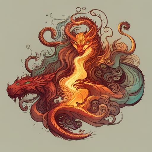 Fiery Dragon with Golden Outlines, Digital Art