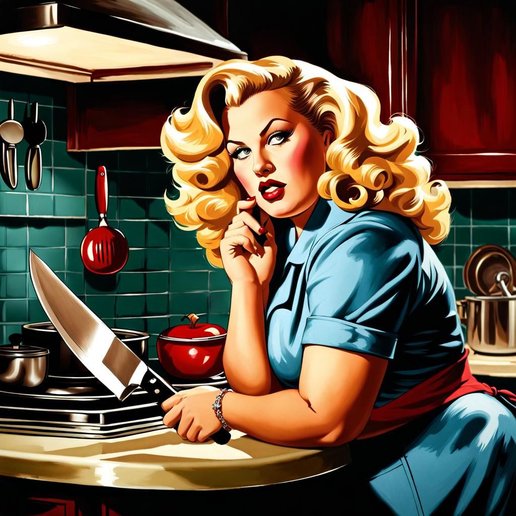 Curvy Pinup in 1950s Kitchen with Knife